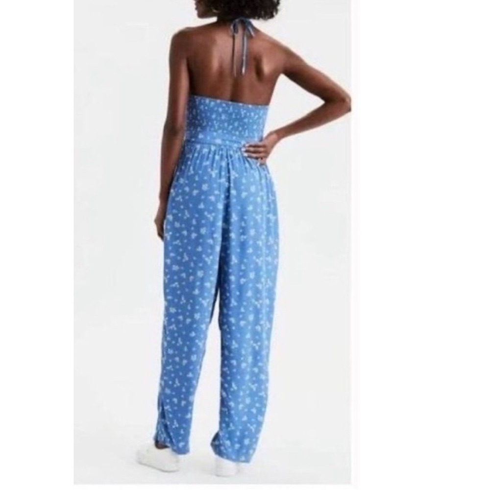 NWT American Eagle Bella Smocked Jumpsuit Sz XL Blue Floral Cottagecore - Picture 2 of 7